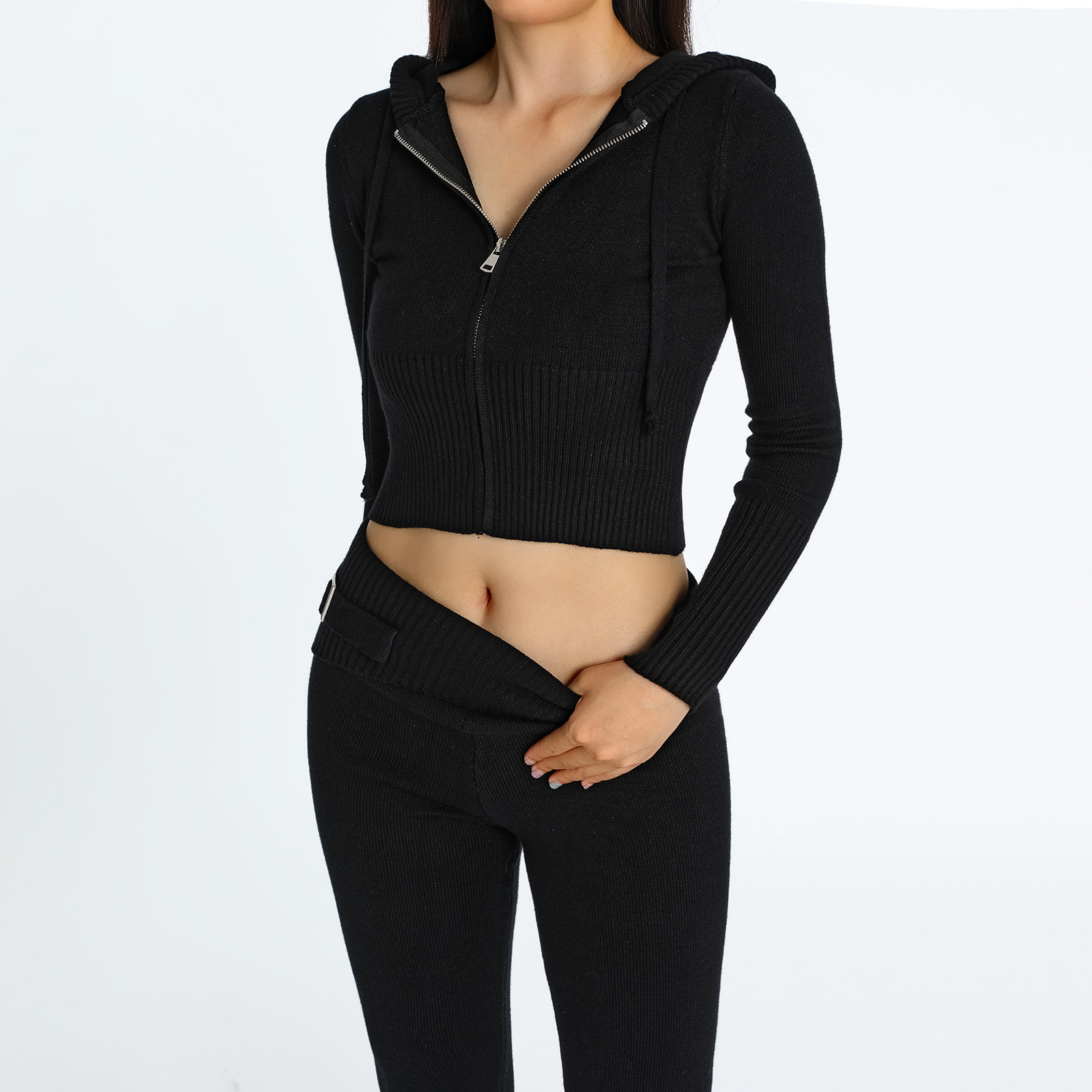 Ensemble deux pièces en tricot à capuche pour femme, pantalon sexy à manches longues et taille haute, à la mode_voghion.com