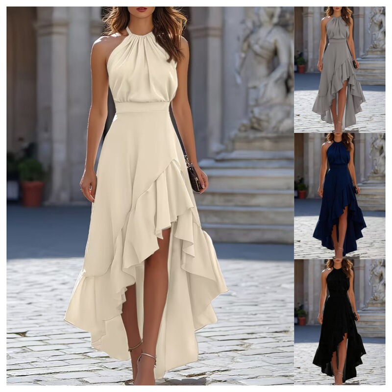 2026 European and American cross-border foreign trade women's clothing, summer sleeveless halter neck irregular ruffle women's dress