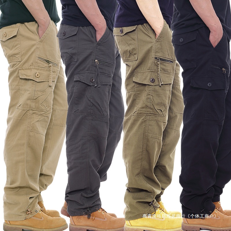 Simple Cotton Cargo Pants Men's Casual Pants Elastic Waist Large Size Pants Multi-Pocket Loose Trousers Construction Site Pants