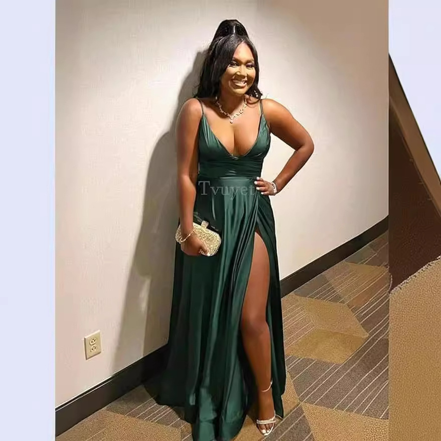 Elegante vestido de fiesta largo con cuello en V dividido, plisado de dama de honor de gasa larga, vestido formal, vestido de noche de satén
