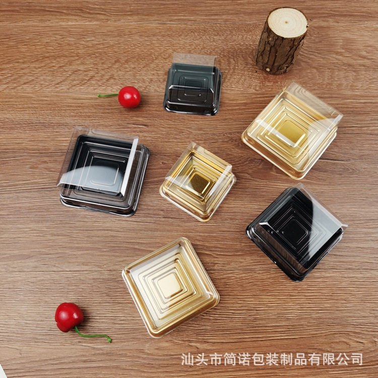 Caja de embalaje de pastel de Luna yema de huevo nieve crujiente Mei Niang caja de regalo PET plástico negro oro caja de ampolla cuadrada transparente