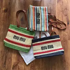 MIU Summer Embroidered Large-Capacity Tote Shoulder & Hand Beach Straw Bag with Colorful Stripes and Raffia Shopping Bag