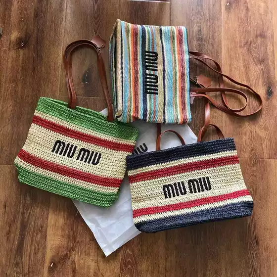 MIU Summer Embroidered Large-Capacity Tote Shoulder & Hand Beach Straw Bag with Colorful Stripes and Raffia Shopping Bag