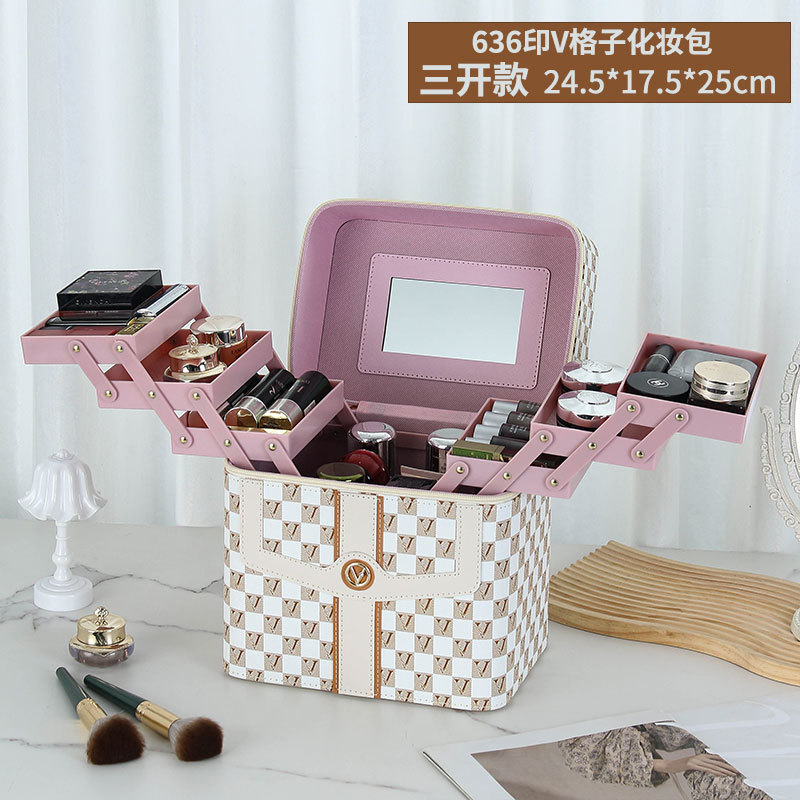 Caja de cosméticos a cuadros en forma de V transfronteriza, bolsa de almacenamiento para el cuidado de la piel portátil, caja de herramientas grande multifuncional portátil de alta gama para mujer