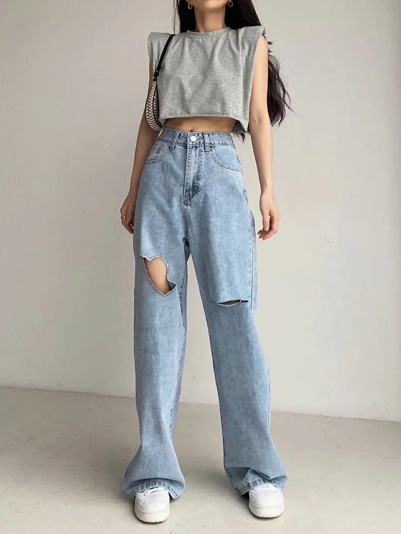 High Waist Hole Loose Wide Leg Washed Retro Straight Mopping Jeans NSAC63134