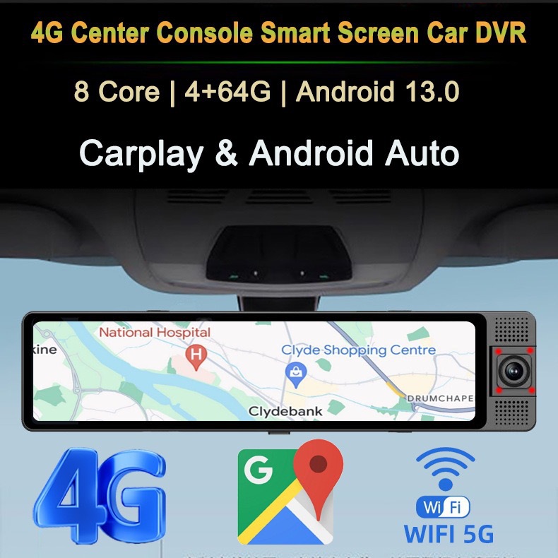 Three-Lens 4g Android 13 System 12-Inch 4+64Gb Large Memory Screen Mirroring Carplay Dash Cam Phone