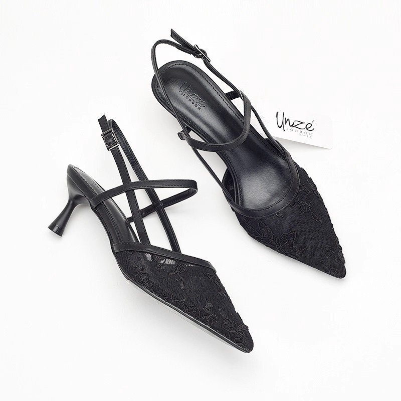 Foreign Trade Large Size Original Black Pointed Toe Shallow Mesh Rhinestone Stiletto High Heel Closed-Back Sandals for Women Foreign Trade Large Size Original Black Pointed Toe Shallow Mesh Rhinestone Stiletto High Heel Closed-Back Sandals for Women