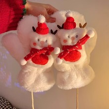 冬季加绒手套女可爱卡通雪人毛茸茸骑车加厚保暖学生防寒全包连指