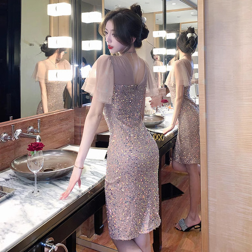 9235 European and American Southeast Asia Foreign Trade Wholesale 2025 Women's Fashion French-style Elegant Flared-sleeve Sequin Split Dress Trendy
