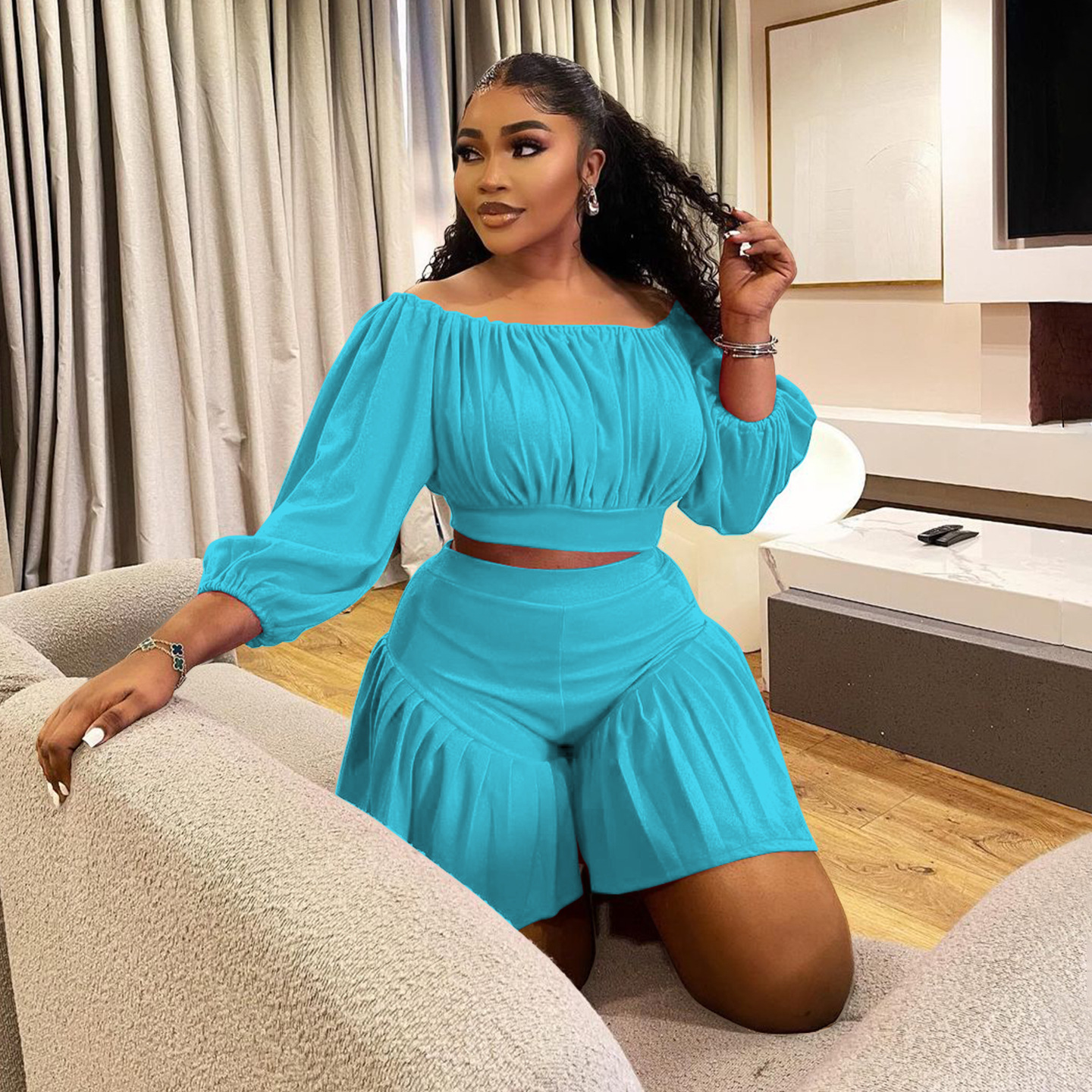 350g Weight Long Sleeve Sleeve Length Spandex, Polyester Fabric Type Shorts Co-ord Set Sets Type 2 Pieces Set Quantity Daily Occasion Off Shoulder Neckline Slim Fit Type Solid Color Pattern Summer Season Casual Style Daily Casual Solid Color Spandex Polyester Shorts Co-ord Set Plus Size Two-piece Sets 27