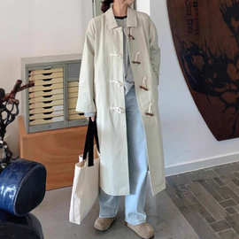 学院风牛角扣中长款风衣外套女秋冬季新款简约休闲工装风宽松上衣