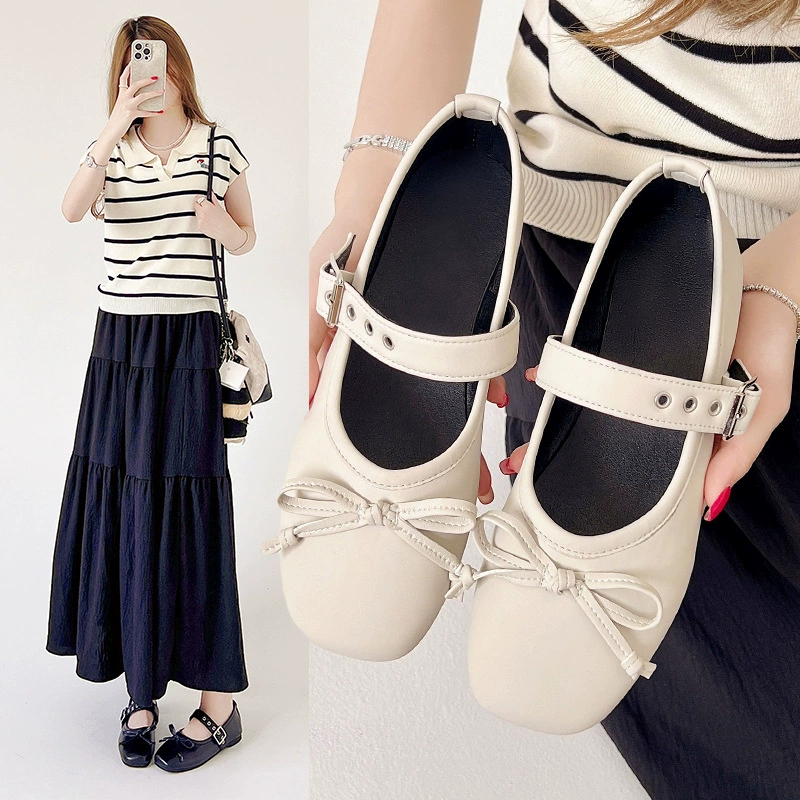 Женские туфли Мэри Джейн с бантом в французском стиле, новые, нежные вечерние, с пряжкой, плоские, кожаные, 2025 года.