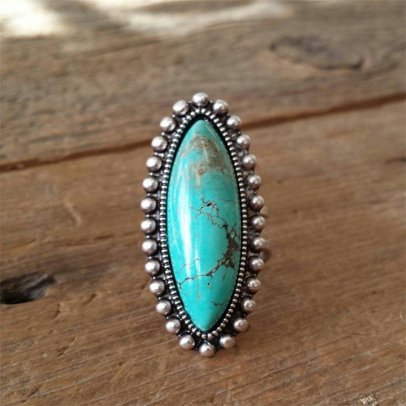 New European And American Cross-border Vintage Simple Pattern Ring, Unique Ethnic Style Inlaid Blue Turquoise Index_voghion.com