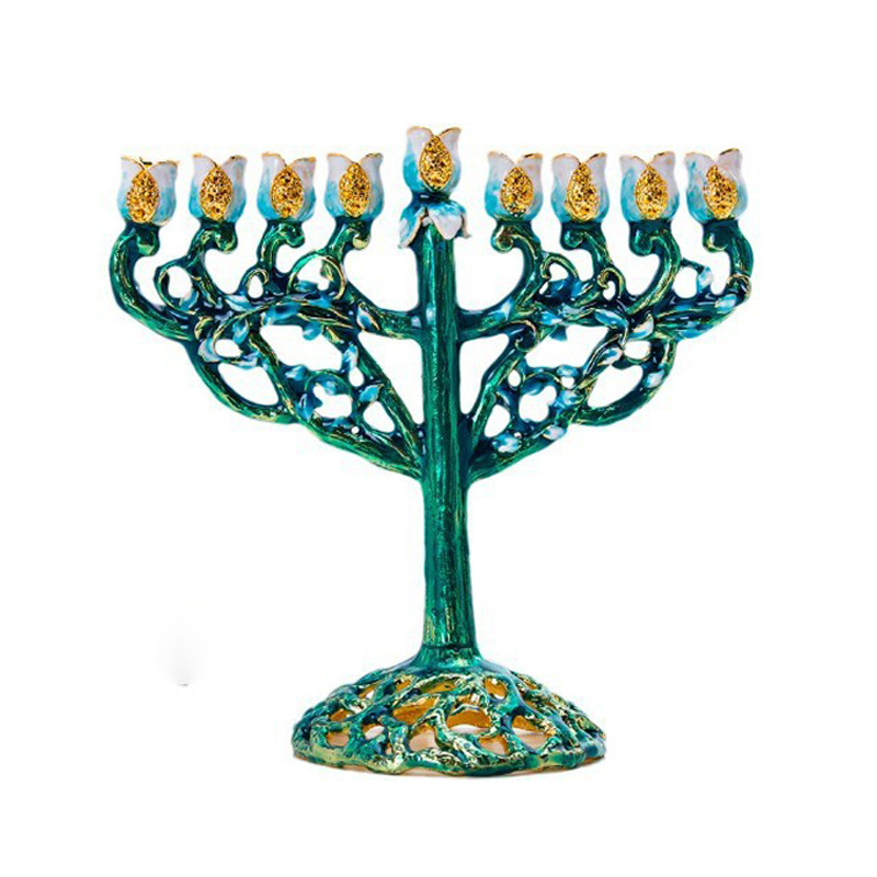 Foreign Trade European-Style Enamel Metal Candlestick Ornaments, Jewish Retro Enamel Nine-Head Candlestick, Religious Crafts, Cross-Border