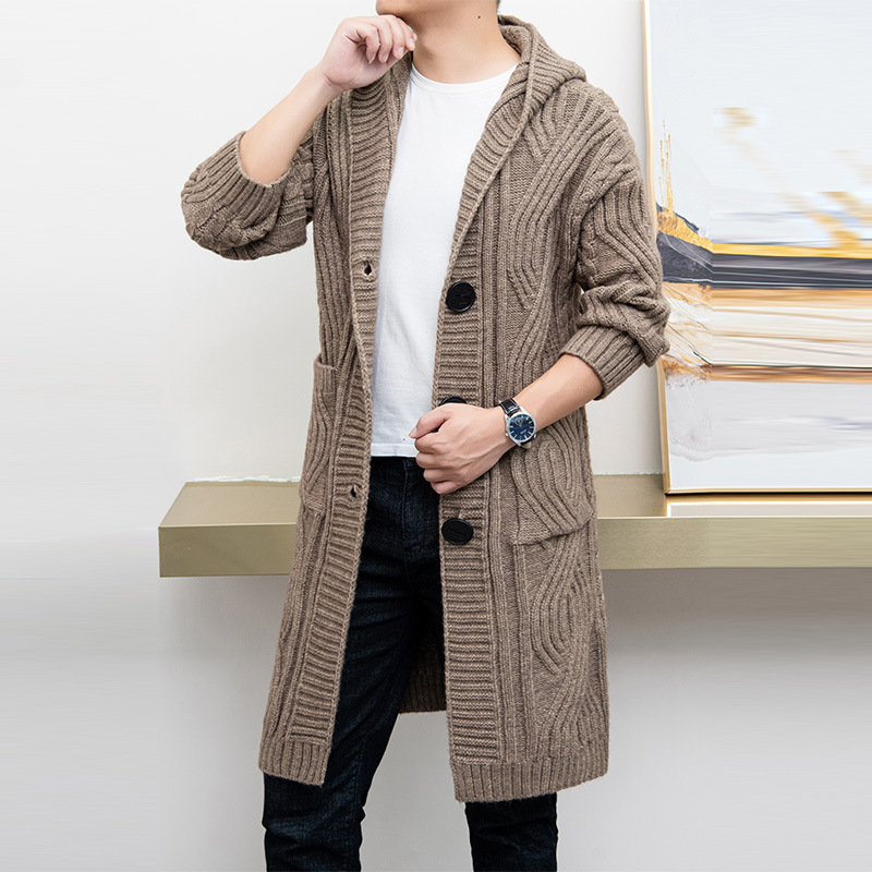 Suéter con capucha cardigan hombres de longitud media trenzado grueso suéter abrigo Primavera, Otoño e Invierno moda abrigo de los hombres de moda