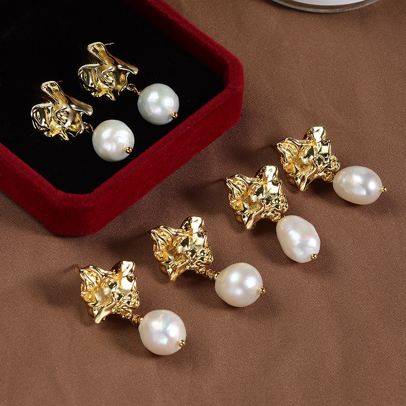 原創設計天然淡水珍珠巴洛克耳環銅鍍真金小眾復古S925純銀針批發