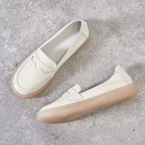 2024 New Spring Top Layer Cowhide Women's Shoes White Shoes Single Shoes Loafers Women's Flat Heel Round Toe Versatile Slip-On