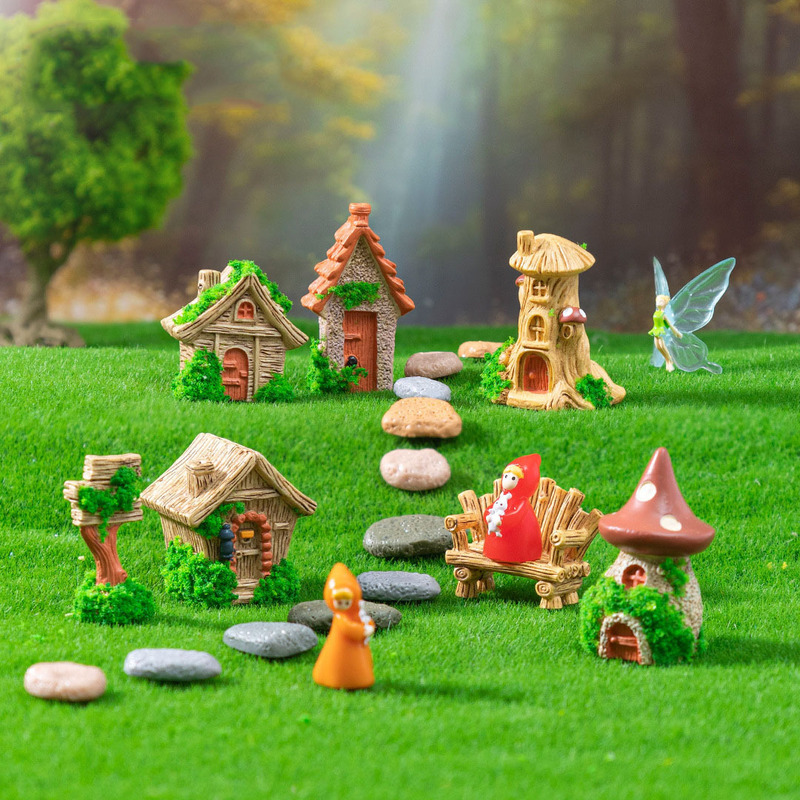 Cross-Border New Product Micro-Landscape Nostalgic Tree Stump House Wooden Chair Brick Courtyard Landscaping DIY Decoration Mini Ornaments