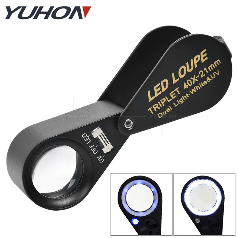 Алюминиевый сплав КАПЛЕВИДНАЯ 6LED лампа 7 лампа детектора денег 40 раз 21 мм линзы со стеклянным покрытием складные ювелирные изделия увеличительное стекло