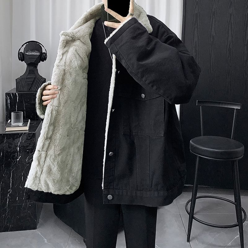 冬季港风羊羔绒牛仔外套男帅气潮流加绒加厚美式棉服潮牌保暖棉衣