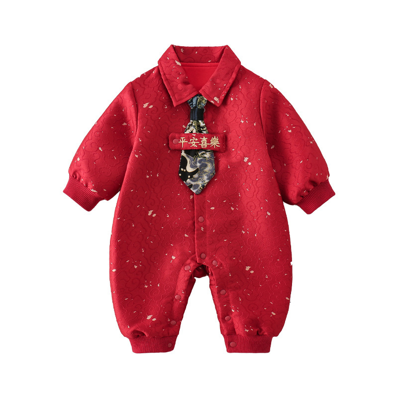 婴幼儿衣服春秋款红色连体衣满月周岁百天男宝宝双层哈衣外出爬服|undefined
