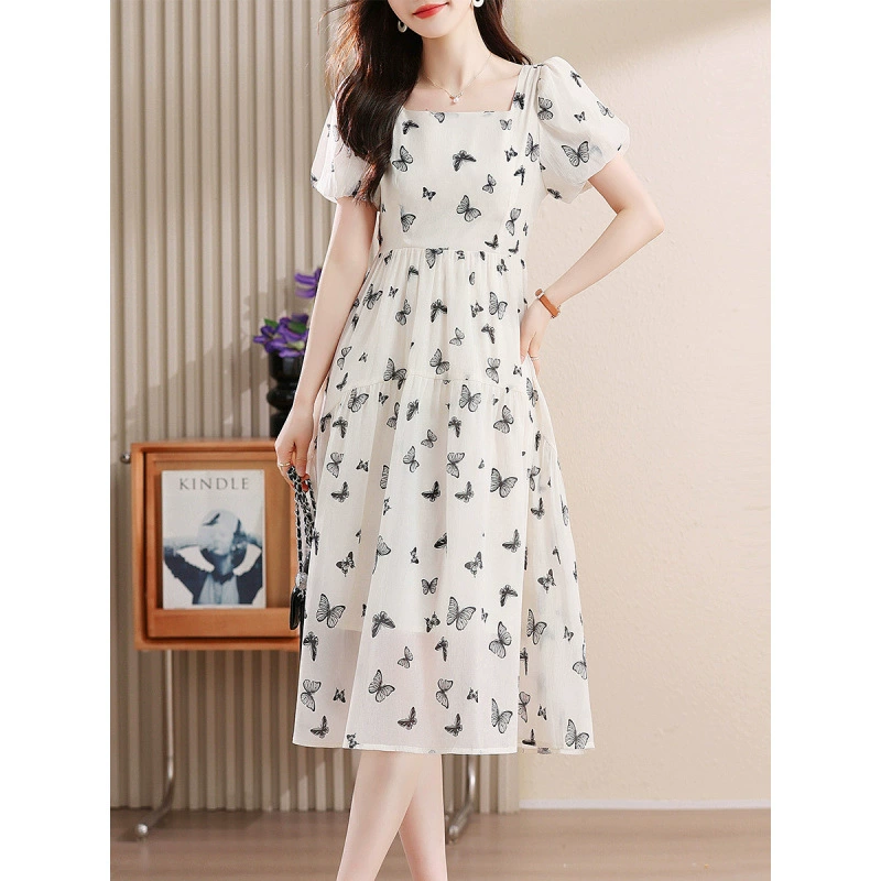 Настоящее фото элитного женского платья, летняя мода, утягивающая юбка с французским квадратным воротником и цветочным принтом с высокой талией.