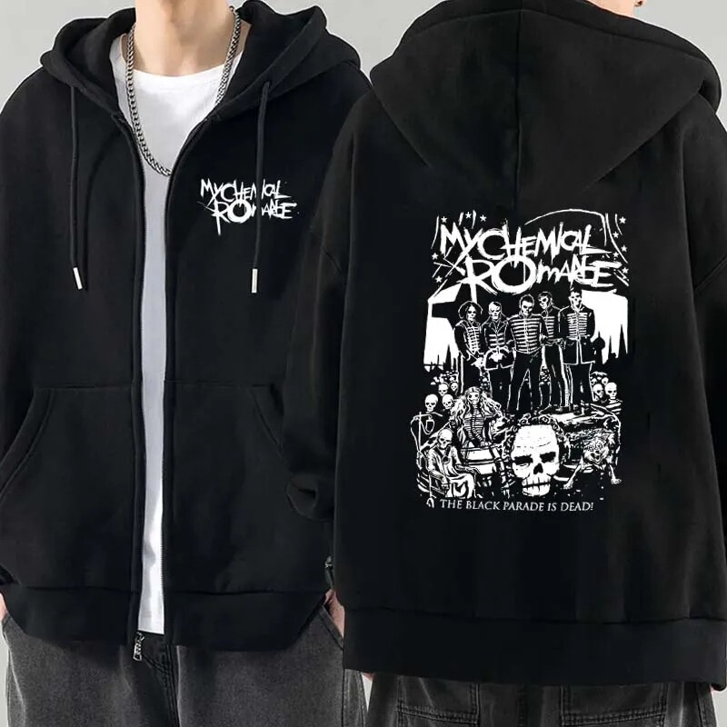 Men's Fashion Hoodie Jacket Coat My Chemical Romance Mcr Zip-Up Hoodie Loose Fit Black