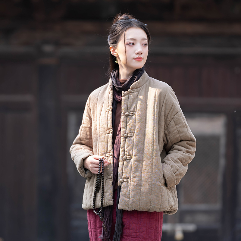 25冬棉麻女装新品中式复古夹棉绗缝短款棉服女式禅意加厚亚麻棉衣
