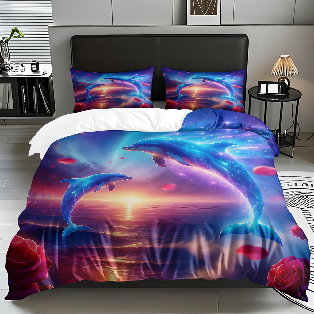 TEMU / JIT Amazonas transfronterizo varios animales marinos patrón 3D impresión digital colcha colchón kit de almohada