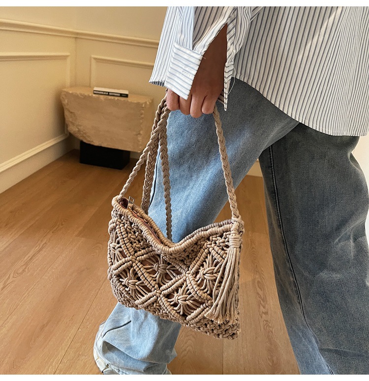 177g Weight Polyester Cotton Lining Material Weave, Hollow Fashion Element Zipper Closure Type Single Shoulder Strap Strap Type Shoulder Bag Bags Type Casual Occasion cotton rope Material Solid Color Pattern All Seasons Season Women's Gender Vacation Style Square Shape Women's Cotton Rope Solid Color Vacation Weave Hollow Square Zipper Shoulder Bag 14