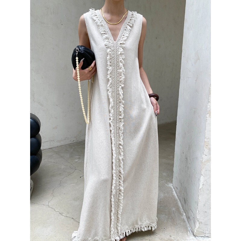 Sinnan Southern French Resort Style Linen-Cotton Heavy-Duty Tassel Embellished V-Neck Sleeveless Vest Dress Sn9127