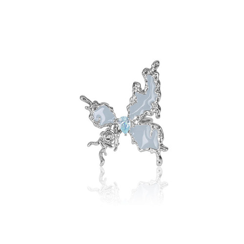 Foggy Blue Butterfly Snake Rose Open Ring for Women, Personality Light Luxury Punk Diamond Inlay Unique Light Luxury High-End Ring