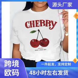 樱桃印花 T 恤、短袖圆领休闲上衣