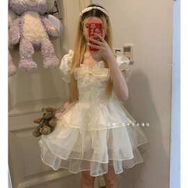甜美蝴蝶结连衣裙女春夏高级感气质公主蓬蓬裙收腰小个子短裙