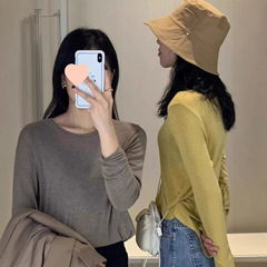 秋冬打底衫女亲肤面膜恤圆领德绒纯色百搭磨毛长袖弹力内搭上衣