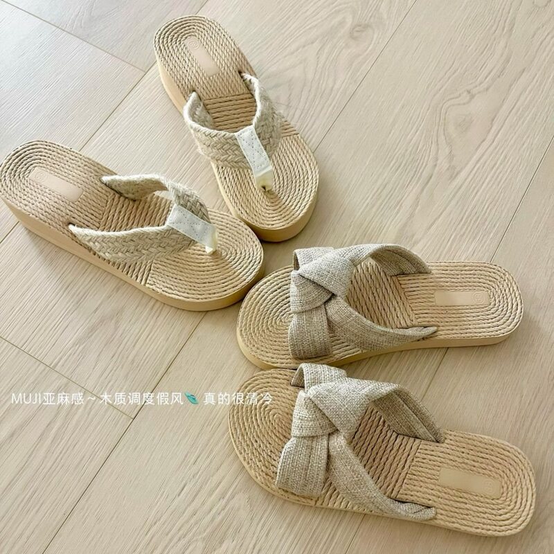 Bowknot Wood-Colored Linen Slippers, Women's Flip-Flops, Comfortable Beach Sandals, Flip-Flops for Outdoor Wear Bowknot Wood-Colored Linen Slippers, Women's Flip-Flops, Comfortable Beach Sandals, Flip-Flops for Outdoor Wear
