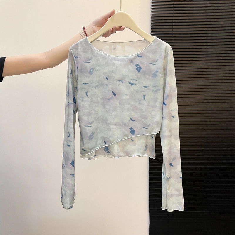 Elegant Green Contrast Tie-Dye Short Long-Sleeved Double-Layer Mesh Top Summer Slim-Fitting Waist-Revealing Sun Protection Blouse