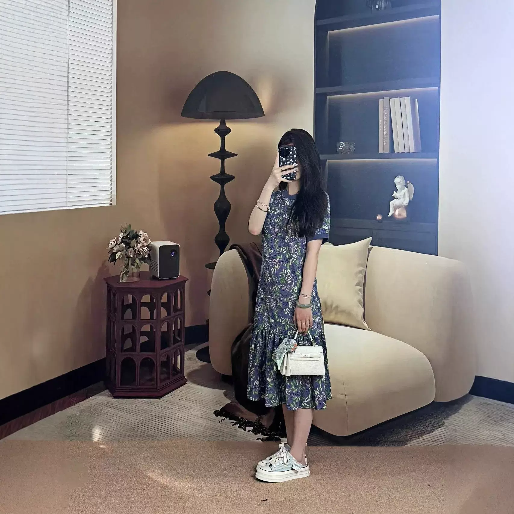 蓝色碎花连衣裙春秋中长款收腰显瘦宽松气质高级感大码女装裙子