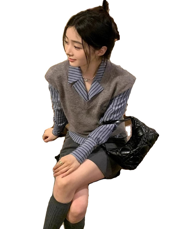 【三件套装】2025秋季学院风长袖条纹衬衫女针织马甲女背心包臀裙|undefined