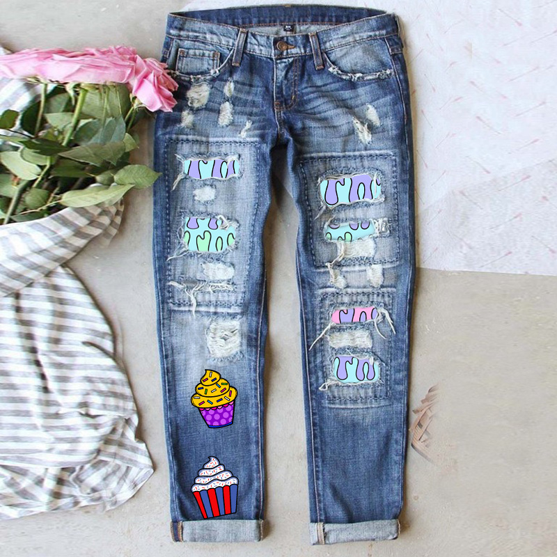 European and American cross-border independent station Amazon cartoon pattern ripped printed pants casual WISH straight washed jeans