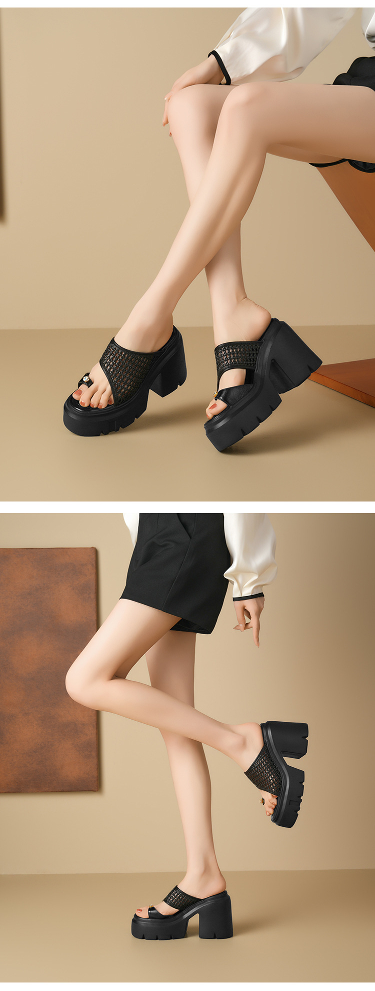 Dép sandal cao gót nữ quai ngang đan gót thô 12 cm đế tăng chiều cao — Màu đen, Màu vàng nhạt, Màu trắng, Màu bạc chi tiết 10