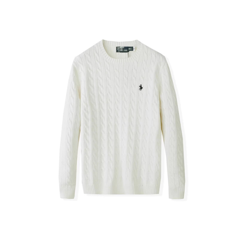 Pure Cotton Crew Neck Sweater with Pony Logo, Men's Pullover, Casual Versatile Warm Cable Knit Wool Top