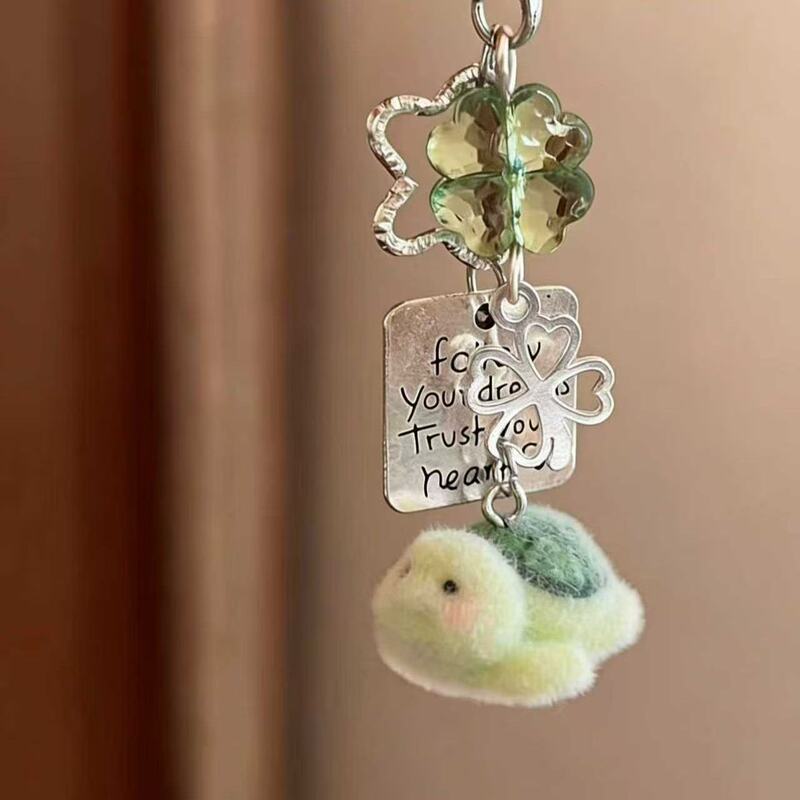 【Four-leaf Clover Green Turtle】Original New Flocked Lucky Four-leaf Clover Green Little Turtle Cute Phone Strap