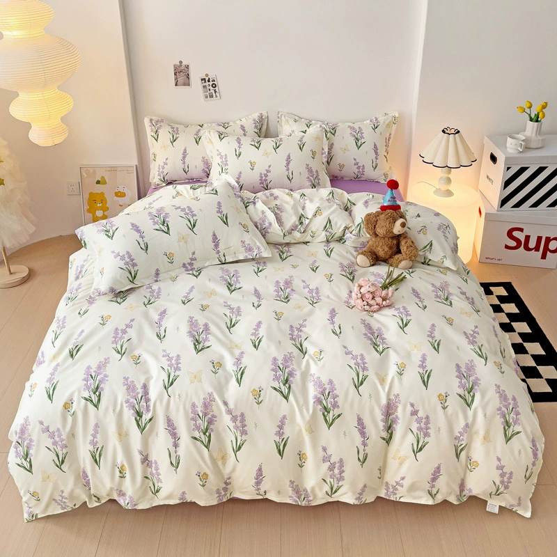 Комплект простыни 홍 Korean Princess Style, выстираный хлопок с цветочным узором, 3–4 предмета (150×200 и т.п.)