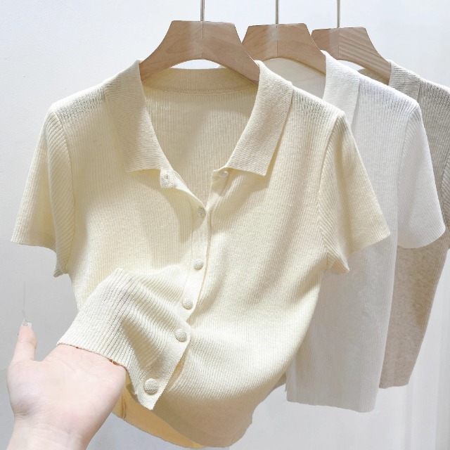 Áo thun polo nữ tay ngắn cổ bẻ chất liệu len lụa mát mẻ — màu trắng chi tiết 8