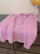 粉色针织开衫外套女春秋款薄款宽松外搭高级感毛衣慵懒风上衣2023