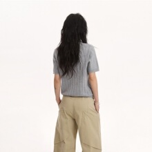 美式复古高智感简约领衫男女夏季老钱风新品混纺领短袖上衣灰色