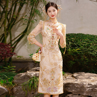Champagne Golden Cheongsam Xiuhe Suit 2025 New Chinoiserie Toast Suit Heavy Industry Bride Wedding Engagement Dress Skirt Summer
