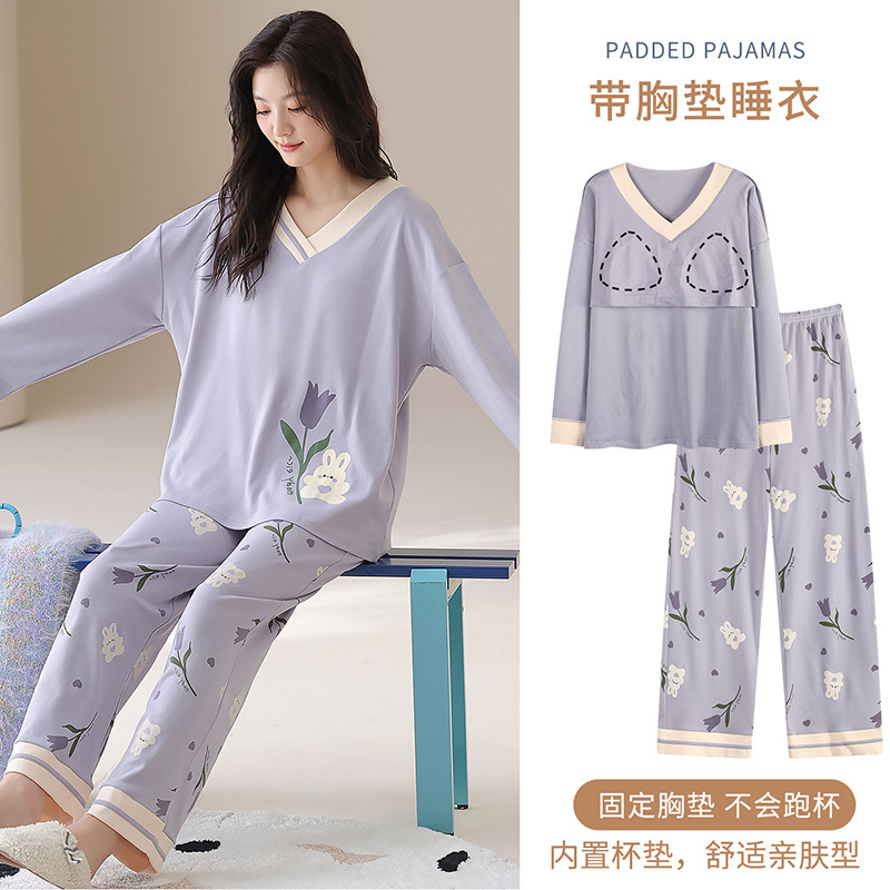 One-sided padded 180g long sleeve trousers pajamas women's autumn with chest pad suit wear cartoon cute home clothes