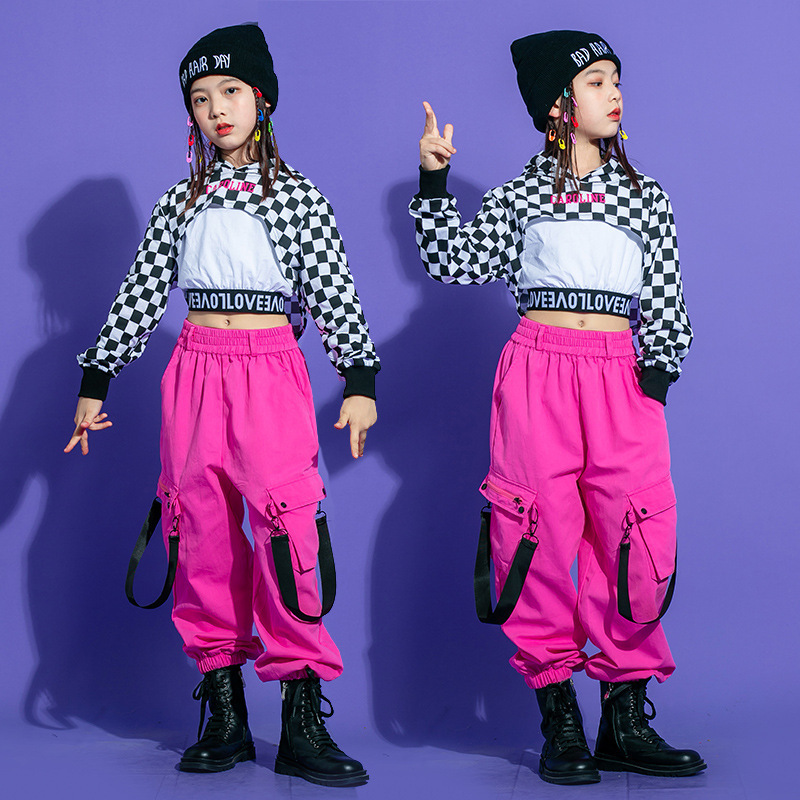 Plaid with hot pink hiphop rapper Street dance costumes for girls children's tide drum model show gogo dancers performance clothes Plaid with hot pink hiphop rapper Street dance costumes for girls children's tide drum model show gogo dancers performance clothes